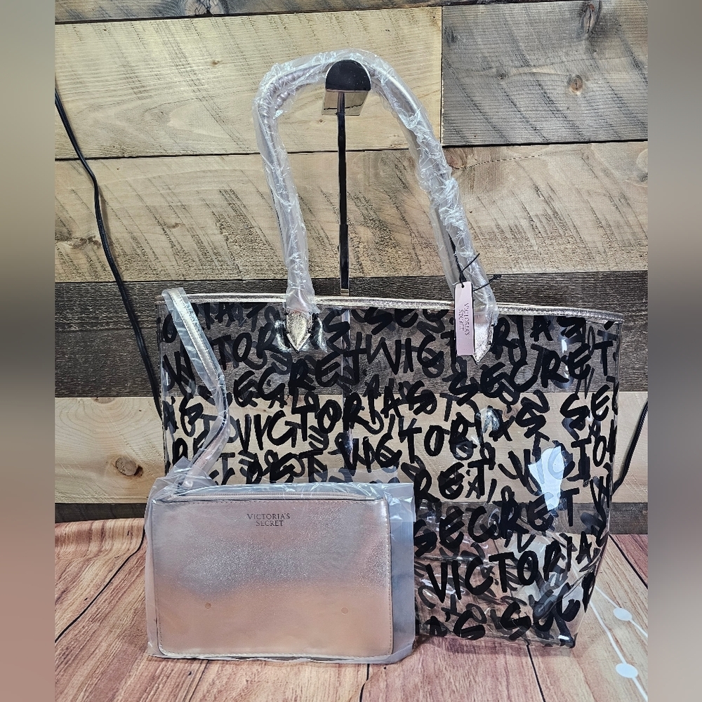 Victoria's Secret L.E. Clear Monogram Bag w/ Attached Gold Cosmetic Bag.NWT